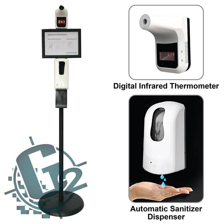 Infrared thermometer and automatic sanitizer dispenser with custom sign - Warning light and automatic alarm to alert you of any abnormal temperatures